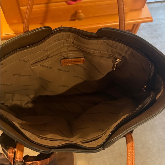 Montana West Brown and Tan Two-Tone Tote with Bow Scarf Accent - Picture 3 of 5